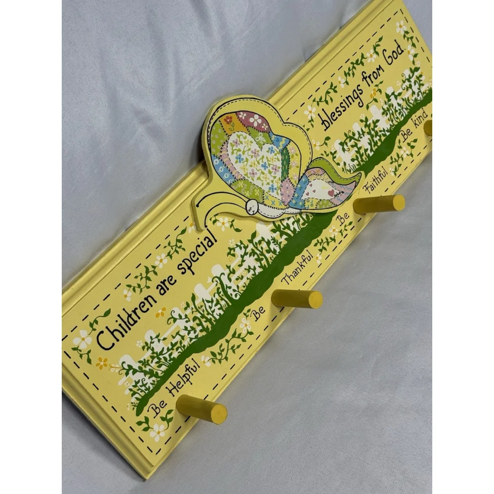 Vintage Homemade Butterfly Yellow Blessing Peg Wall Coat Robe Cap Rack Signed
